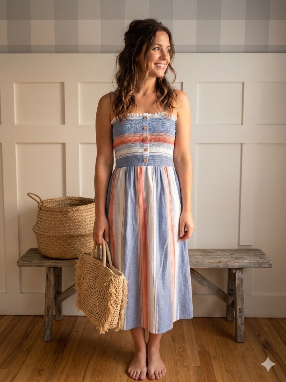 Angie Cotton Striped Smocked Midi Dress in Blue and Coral Medium